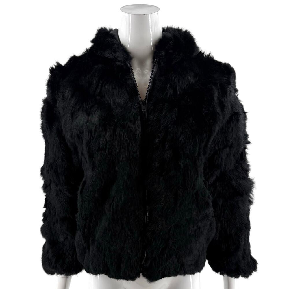 Lebaz Genuine Fur Womens Coat Bomber Jacket Size Small Black Zip Up Hooded